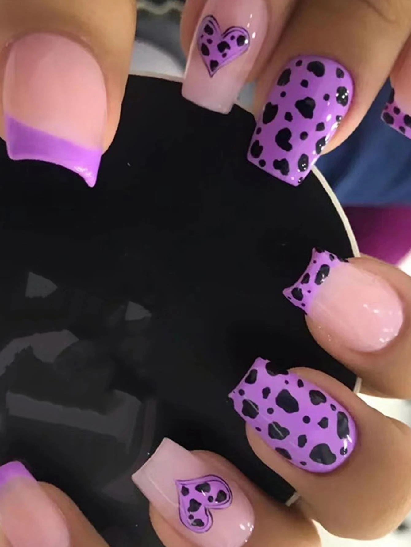 Upgrade Your Look with 24pcs Long Square Purple French Leopard Heart Print Fake Nail & 1sheet Tape & 1pc Nail File - Multicolor - View 1