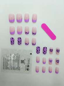 Upgrade Your Look with 24pcs Long Square Purple French Leopard Heart Print Fake Nail & 1sheet Tape & 1pc Nail File - Multicolor - View 2