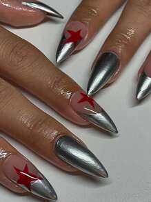 24 chiếc Móng tay dài in hình ngôi sao hạnh nhân & 1 dũa móng & 1 băng dính - Nhiều màu - Xem 1