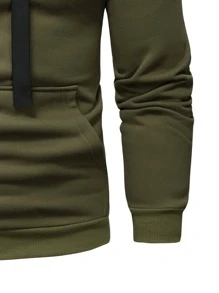 Manfinity Homme 男式字母图案袋鼠口袋插肩袖抽绳保暖连帽衫，适合秋冬季 - 軍綠色 - 查看 3