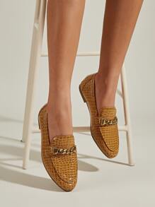 Crocodile Embossed Chain Decor Flat Loafers - Ginger - View 1