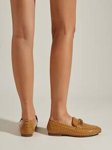 Crocodile Embossed Chain Decor Flat Loafers - Ginger - View 3