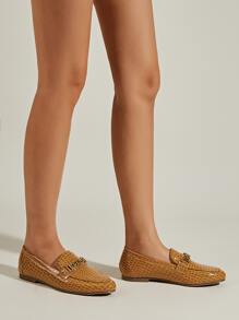 Crocodile Embossed Chain Decor Flat Loafers - Ginger - View 4