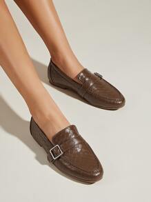 Weave Embossed Buckle Decor Flat Loafers - Coffee Brown - View 1