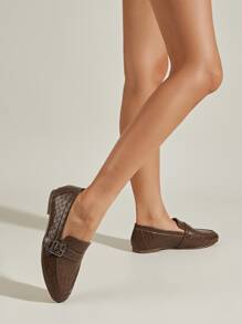 Weave Embossed Buckle Decor Flat Loafers - Coffee Brown - View 2