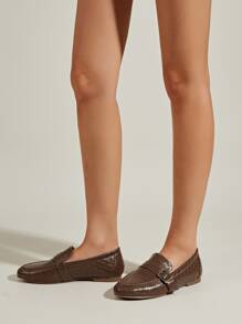 Weave Embossed Buckle Decor Flat Loafers - Coffee Brown - View 3