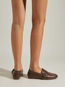 Weave Embossed Buckle Decor Flat Loafers - Coffee Brown - View 5
