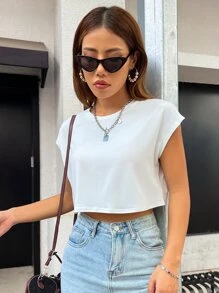 SHEIN ChicEase Solid Batwing Sleeve Crop Tee - White - View 2