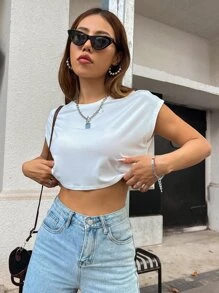 SHEIN ChicEase Solid Batwing Sleeve Crop Tee - White - View 5