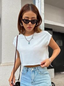 SHEIN ChicEase Solid Batwing Sleeve Crop Tee - White - View 6