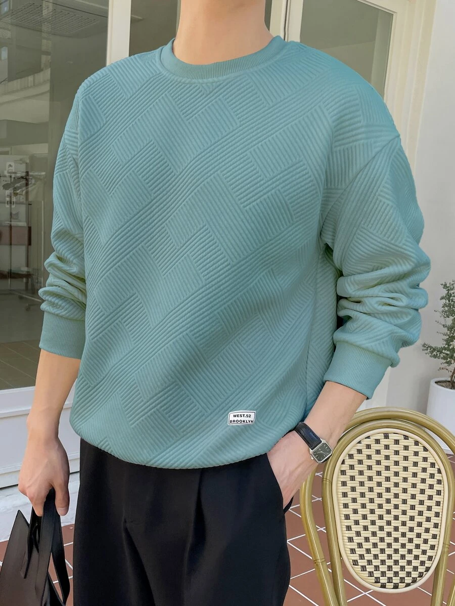 DAZY Men Letter Patched Drop Shoulder Sweatshirt,Fall Clothes - Cadet Blue - View 1