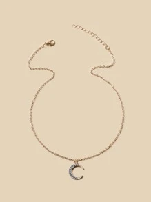 Rhinestone Moon Pendant Necklace - Yellow Gold - View 3