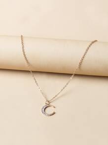 Rhinestone Moon Pendant Necklace - Yellow Gold - View 5