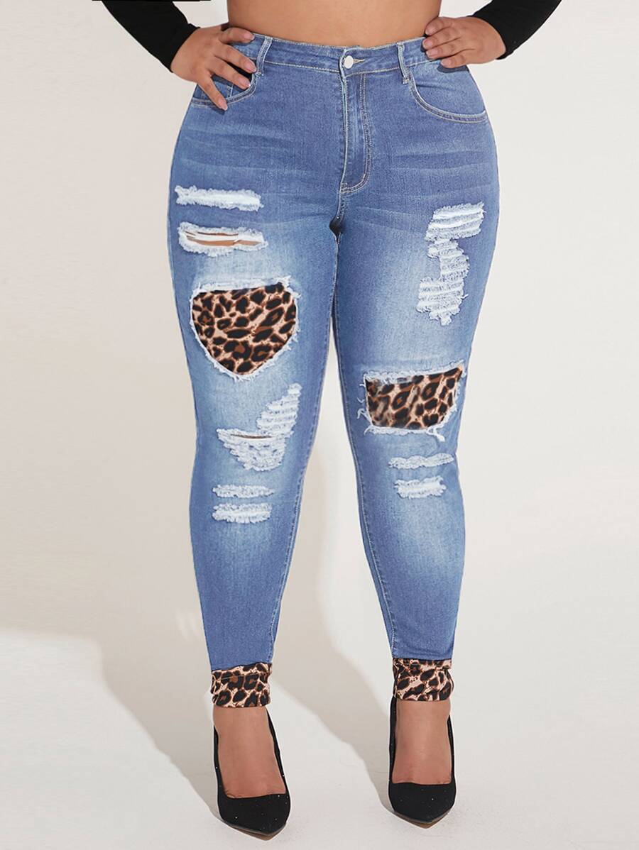 Plus Leopard Print Ripped Skinny Jeans - Light Wash - View 1