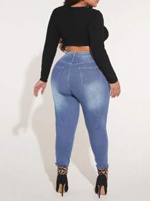 Plus Leopard Print Ripped Skinny Jeans - Light Wash - View 2