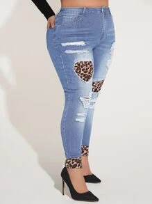 Plus Leopard Print Ripped Skinny Jeans - Light Wash - View 4