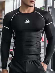 Manfinity Running Camiseta de manga raglán con estampado geométrico en estilo de novio para hombre, Camiseta de compresión en estilo de novio para hombre, parte superior de entrenamiento, parte superior de gimnasio, camisa de compresión de otoño, transpirable - Negro - Ver 1