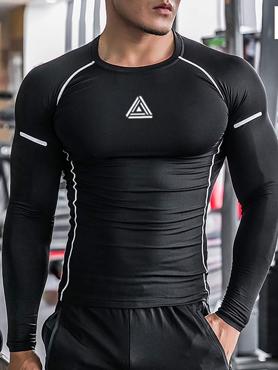 Manfinity Running Camiseta de manga raglán con estampado geométrico en estilo de novio para hombre, Camiseta de compresión en estilo de novio para hombre, parte superior de entrenamiento, parte superior de gimnasio, camisa de compresión de otoño, transpirable - Negro - Ver 1