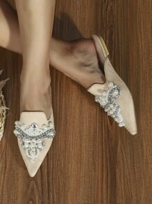 Rhinestone & Faux Pearl Decor Point Toe Faux Suede Flat Mules - Apricot - View 2