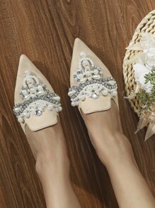 Rhinestone & Faux Pearl Decor Point Toe Faux Suede Flat Mules - Apricot - View 3