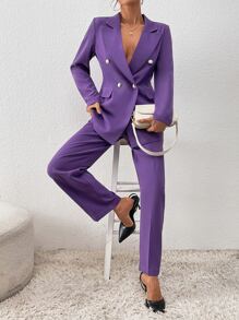 SHEIN Privé 雙排釦翻蓋細節西裝外套和褲子 - 紫色 - 查看 1
