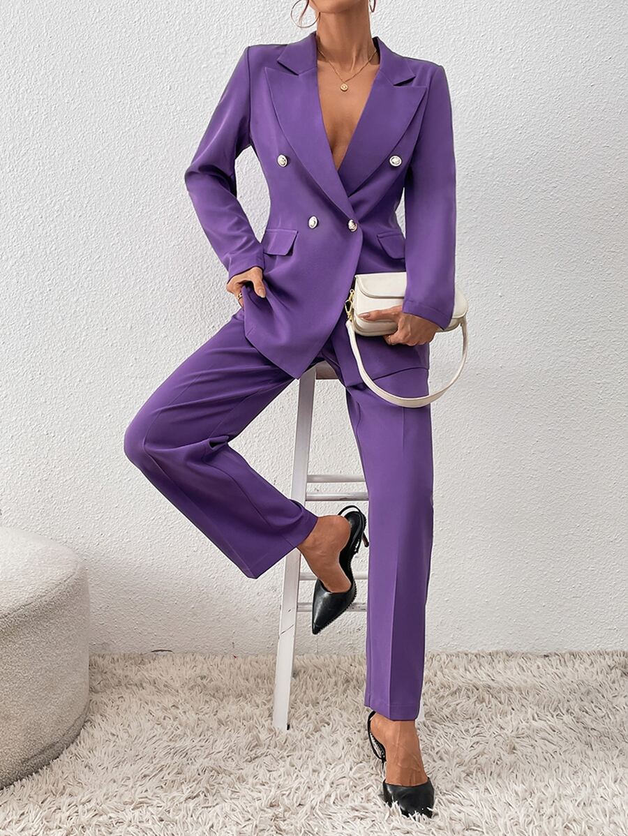 SHEIN Privé 雙排釦翻蓋細節西裝外套和褲子 - 紫色 - 查看 1