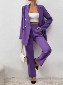 SHEIN Privé 雙排釦翻蓋細節西裝外套和褲子 - 紫色 - 查看 2