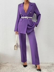 SHEIN Privé 雙排釦翻蓋細節西裝外套和褲子 - 紫色 - 查看 3