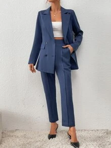 Chiquease Double Breasted Flap Detail Blazer & Slant Pocket Suit Trousers - Dusty Blue - View 2