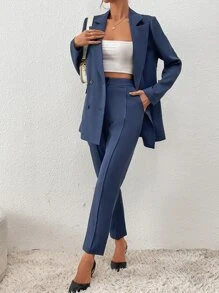 Chiquease Double Breasted Flap Detail Blazer & Slant Pocket Suit Trousers - Dusty Blue - View 3