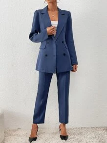 Chiquease Double Breasted Flap Detail Blazer & Slant Pocket Suit Trousers - Dusty Blue - View 4