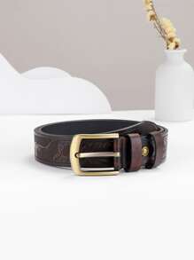 Hombres Cinturón floral en relieve con hebilla cuadrada - Café integral - Ver 1