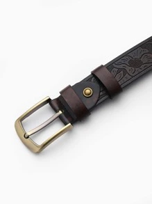 Hombres Cinturón floral en relieve con hebilla cuadrada - Café integral - Ver 3