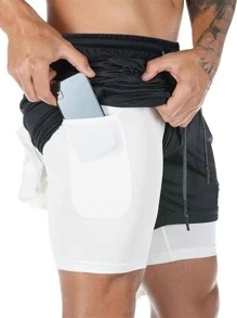 Manfinity Sport Corelite Shorts deportivos tipo novio Manfinity Corelite con cordón ajustable en la cintura, 2 en 1, elásticos, con bolsillo para teléfono, shorts de baloncesto y pantalones cortos tipo jogger para gimnasio - Blanco y Negro - Ver 1