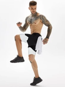 Manfinity Sport Corelite Shorts deportivos tipo novio Manfinity Corelite con cordón ajustable en la cintura, 2 en 1, elásticos, con bolsillo para teléfono, shorts de baloncesto y pantalones cortos tipo jogger para gimnasio - Blanco y Negro - Ver 4