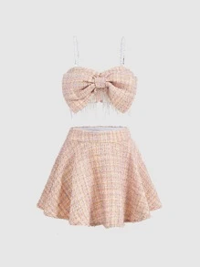 SHEIN MOD Bow Front Tweed Cami Top & Skirt Set - Multicolor - View 2