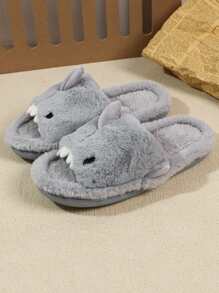 Men's Cartoon Cute Warm Thick Plush Slippers, Indoor Shark Fur Slippers For Autumn/Winter - Grey - View 2
