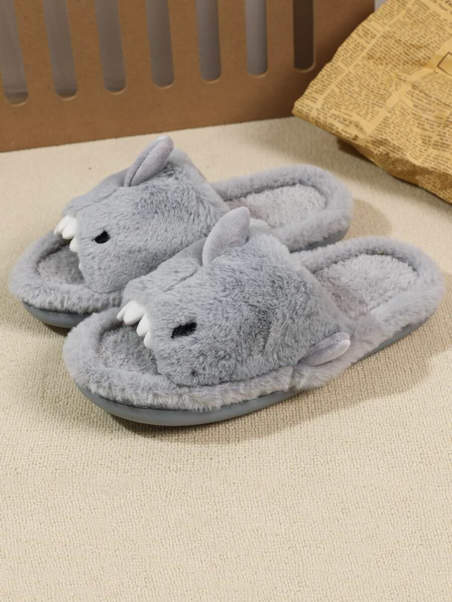 Men's Cartoon Cute Warm Thick Plush Slippers, Indoor Shark Fur Slippers For Autumn/Winter