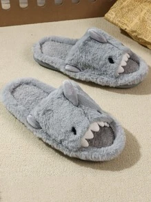Men's Cartoon Cute Warm Thick Plush Slippers, Indoor Shark Fur Slippers For Autumn/Winter - Grey - View 3