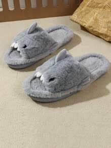 Men's Cartoon Cute Warm Thick Plush Slippers, Indoor Shark Fur Slippers For Autumn/Winter - Grey - View 4