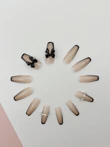 用24入組長棺材黑色磨砂萊茵石蝴蝶結裝飾假指甲和1張膠帶和1入組指甲銼升級您造型 - 彩色 - 查看 3