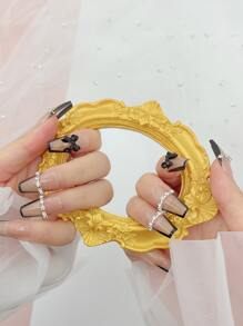 用24入組長棺材黑色磨砂萊茵石蝴蝶結裝飾假指甲和1張膠帶和1入組指甲銼升級您造型 - 彩色 - 查看 4