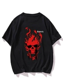 Manfinity LEGND Hombres Camiseta con estampado de cráneo y letra - Negro - Ver 3