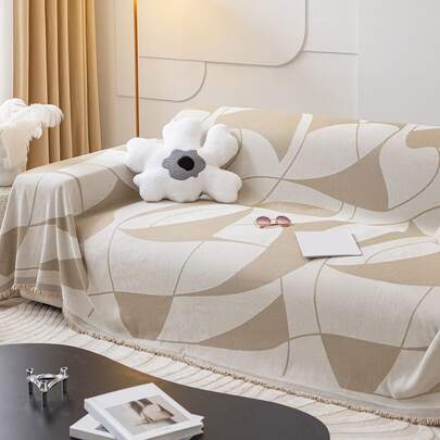 1pc Geometric Pattern Fringe Trim Sofa Towel