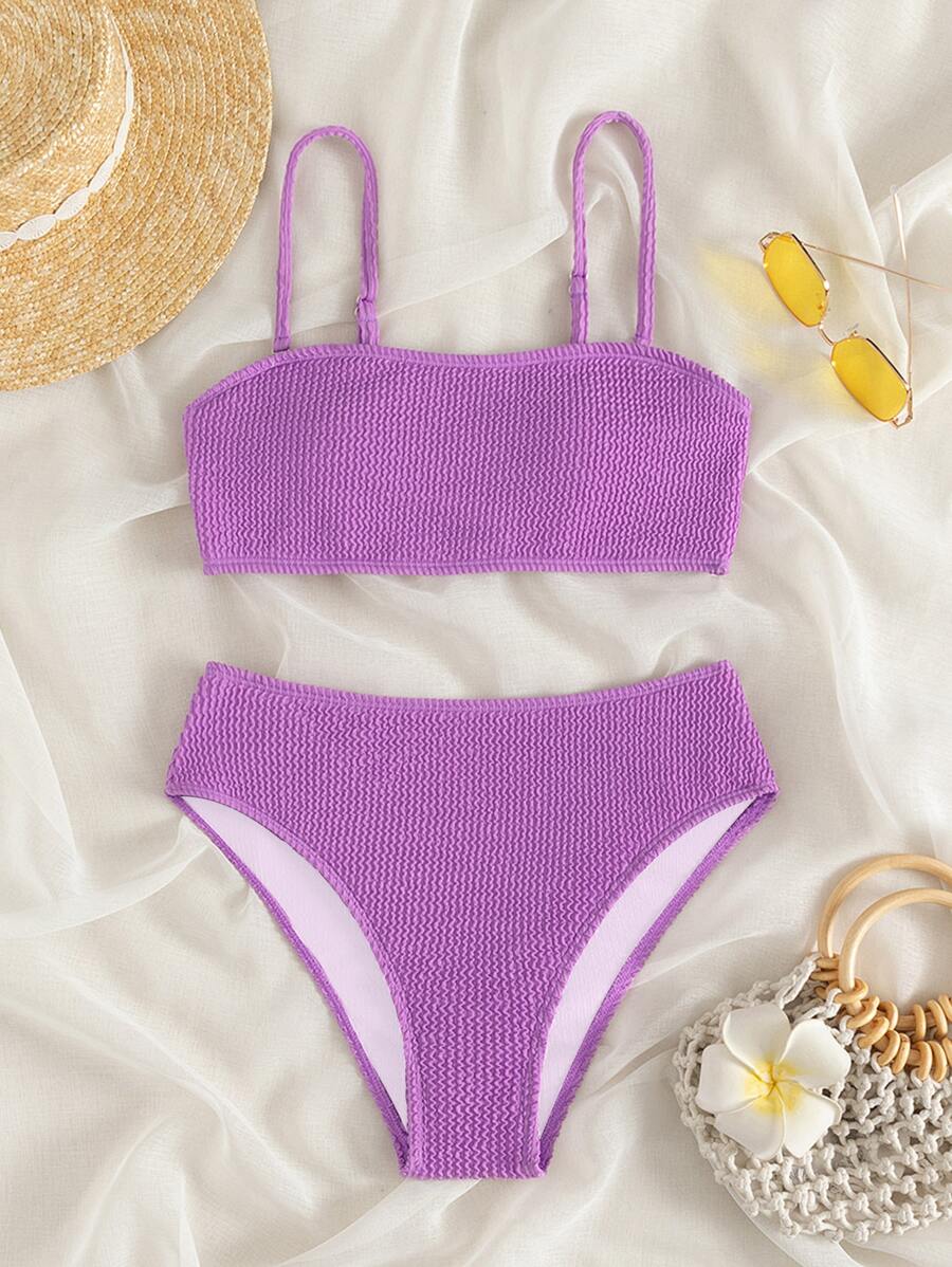 SHEIN Swim Summer Beach Plain Textured Bikini - Purple - View 1