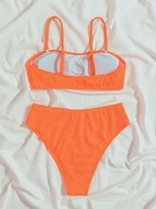 SHEIN Swim Summer Beach Neon Orange Textured Bikini Set, Wireless Bra Top & High Waist Bikini Bottom 2 Pieces Bikini, Bathing Suit - Orange - View 3