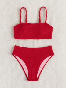 Swim Mod 夏季海灘純色紋理比基尼 - 紅色 - 查看 4