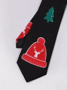 Men Christmas Hat & Elk Pattern Tie - Multicolor - View 3
