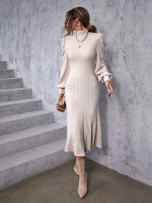 SHEIN Privé Mock Neck Lantern Sleeve Mermaid Hem Dress - Apricot - View 1