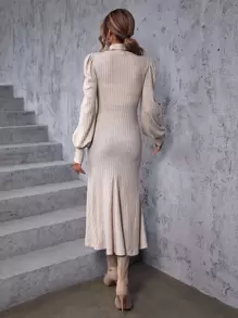 SHEIN Privé Mock Neck Lantern Sleeve Mermaid Hem Dress - Apricot - View 2